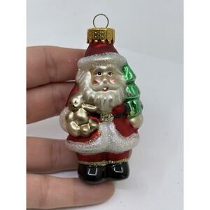 Hand Blown Glass Teddy Bear And Tree Santa Christmas Ornament